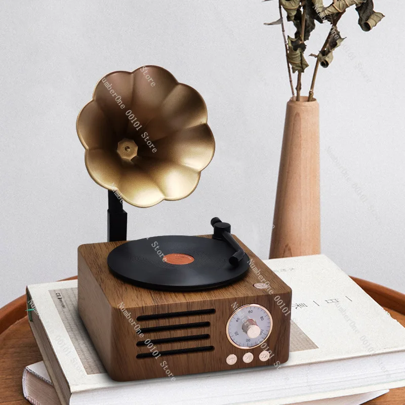 Retro morning glory bluetooth speaker retro wood grain radio stereo vinyl phonograph shape record player stereo