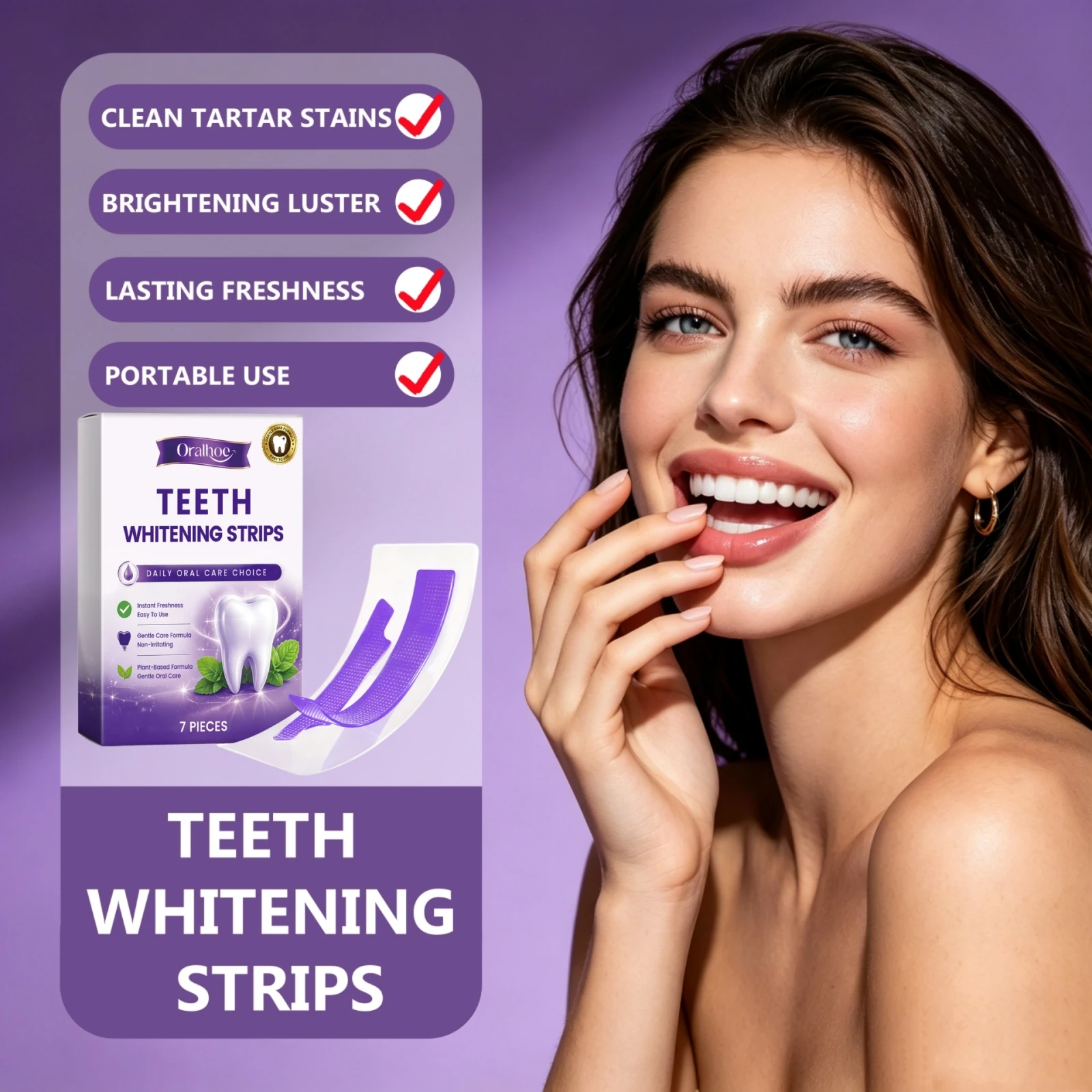Bandes blanchissantes violettes avancées pour les dents, éliminent les taches tenaces, ajustement confortable, soin buccal non sensibilisant, 7 patchs éclaircissants pour les dents