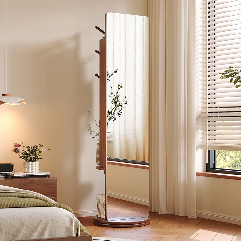Solid wood full-length mirror full-body floor mirror household bedroom rotatable mirror hanging hanger cosmetic cabinet