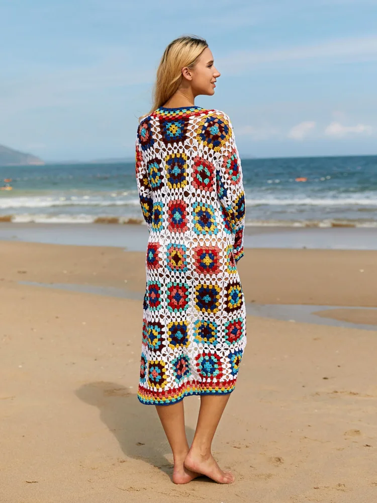 New Women Crochet Colorful Hollow Out Long Cardigan Female Handmade Knit Cover Up Kimono Sweater Coat Beachwear Swimsuit