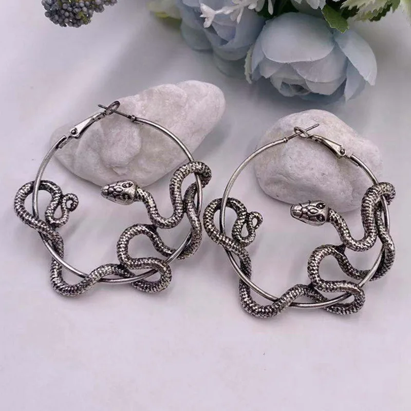 Personality Gothic Cool Punk Antique Animal Black Snake Earrings Crazy Twining Snake Hoop Earrings Statement Earrings Party