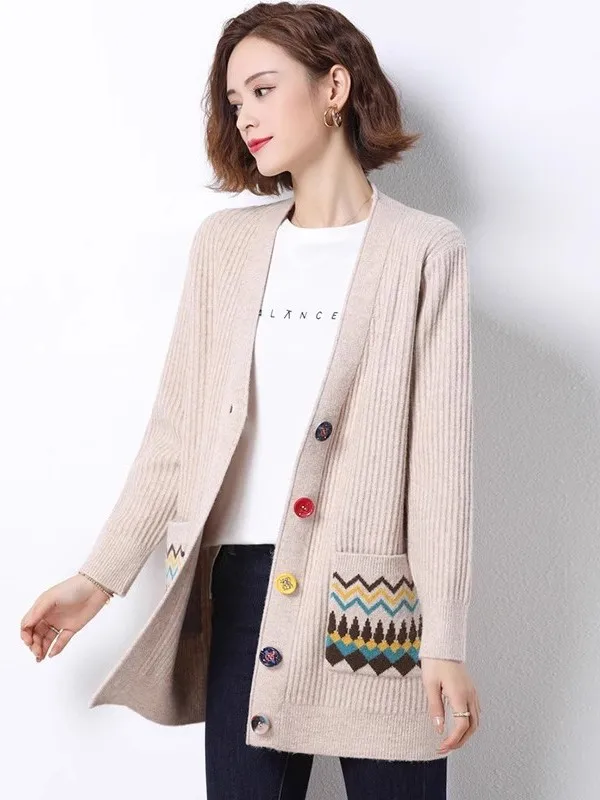 Loose Women's Knitted Sweater Jacket V-Neck Open Cardigan Double Pocket Korean Style Spring Autumn New Fashion Outerwear