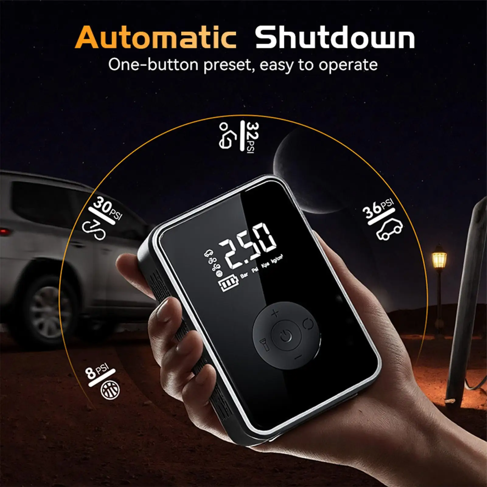 

Портативный насос для накачивания шин для автомобиля, беспроводной насос с легким перезаряжаемым электрическим воздушным насосом с автоматическим отключением для автомобильной промышленности