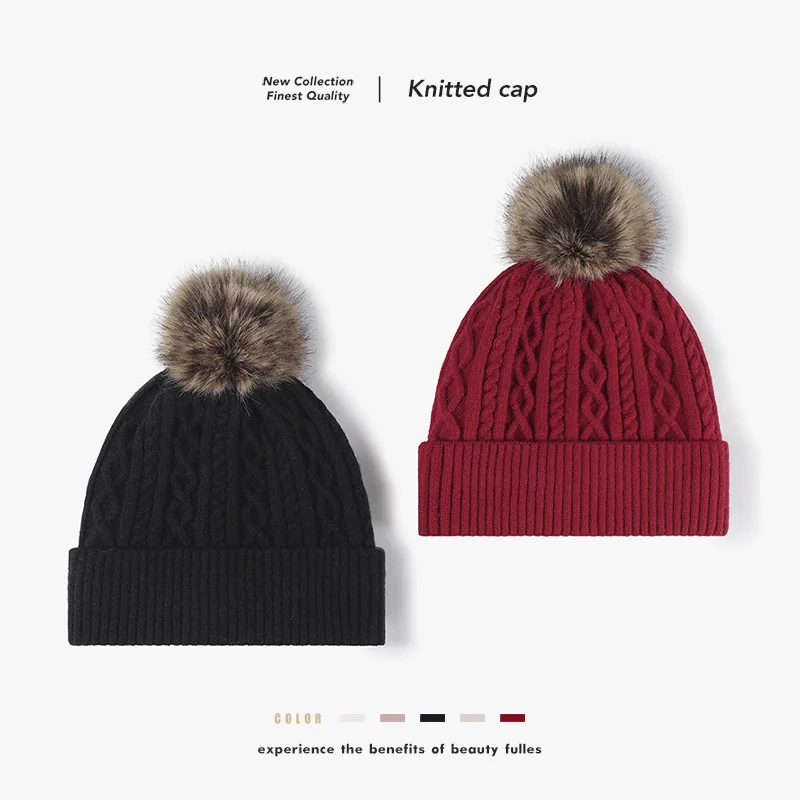 Knitting Jacquard Fur Ball Autumn Winter Women's Beanie lovely hat Fashion Fleece Lined Keep Warm Soft Thickened Windproof Cap