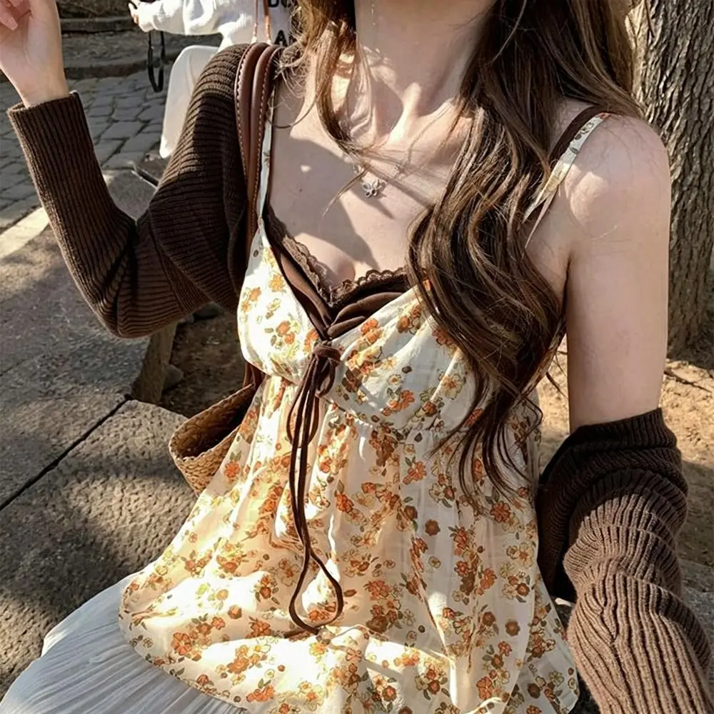 Neues Blumenmuster-Top mit Spitzenbesatz, Rückenfreies Crop-Top, Damen-Trägertop, Sommer-Outfit für Frauen – Detail 5