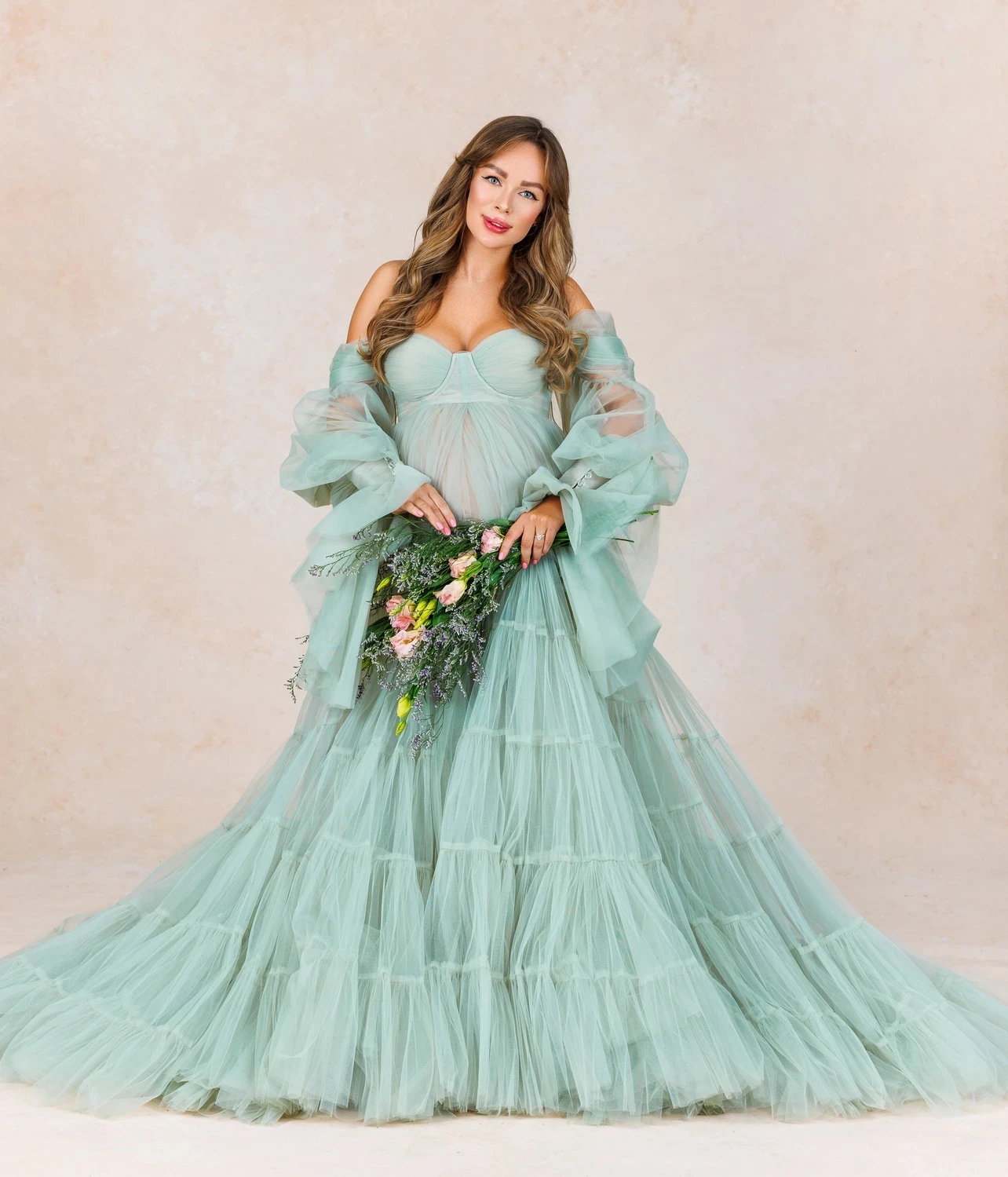 New Arrival Sage Green Maternity Dresses for Photo Shoot Off the Shoulder  Fluffy Ruffle Tulle Maternity Dress Babyshower Gowns - AliExpress 200000345