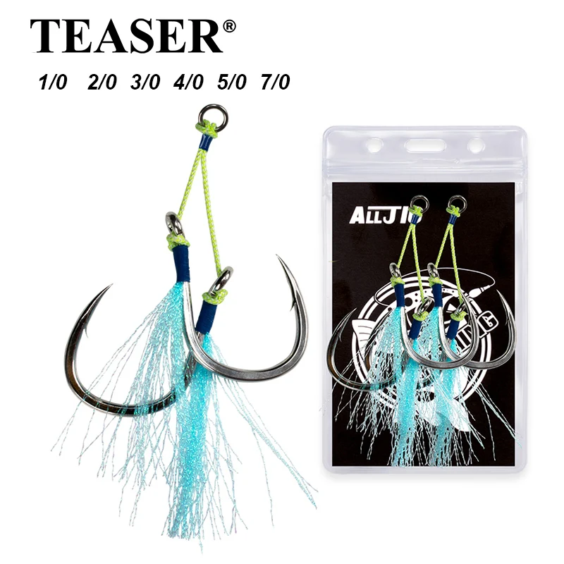 

TEASER HK035 2pcs/bag 1/0-7/0 High Carbon Steel Barbed Fishing Hook UV Glow Saltwater Slow Metal Jigging Assist Hooks