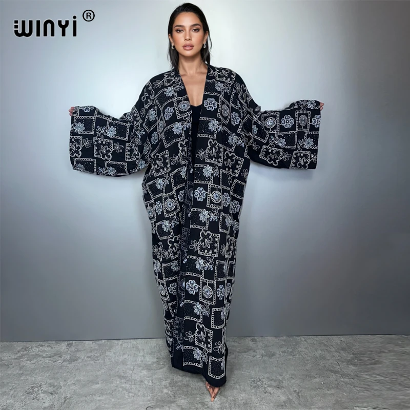 WINYI bestickte, paillettenbesetzte Denim-Strickjacke, langer Daunenmantel, lockeres Kleid, elegantes Party-Maxi-Feiertags-Schwimmen-Cover-Up, modischer Kimono