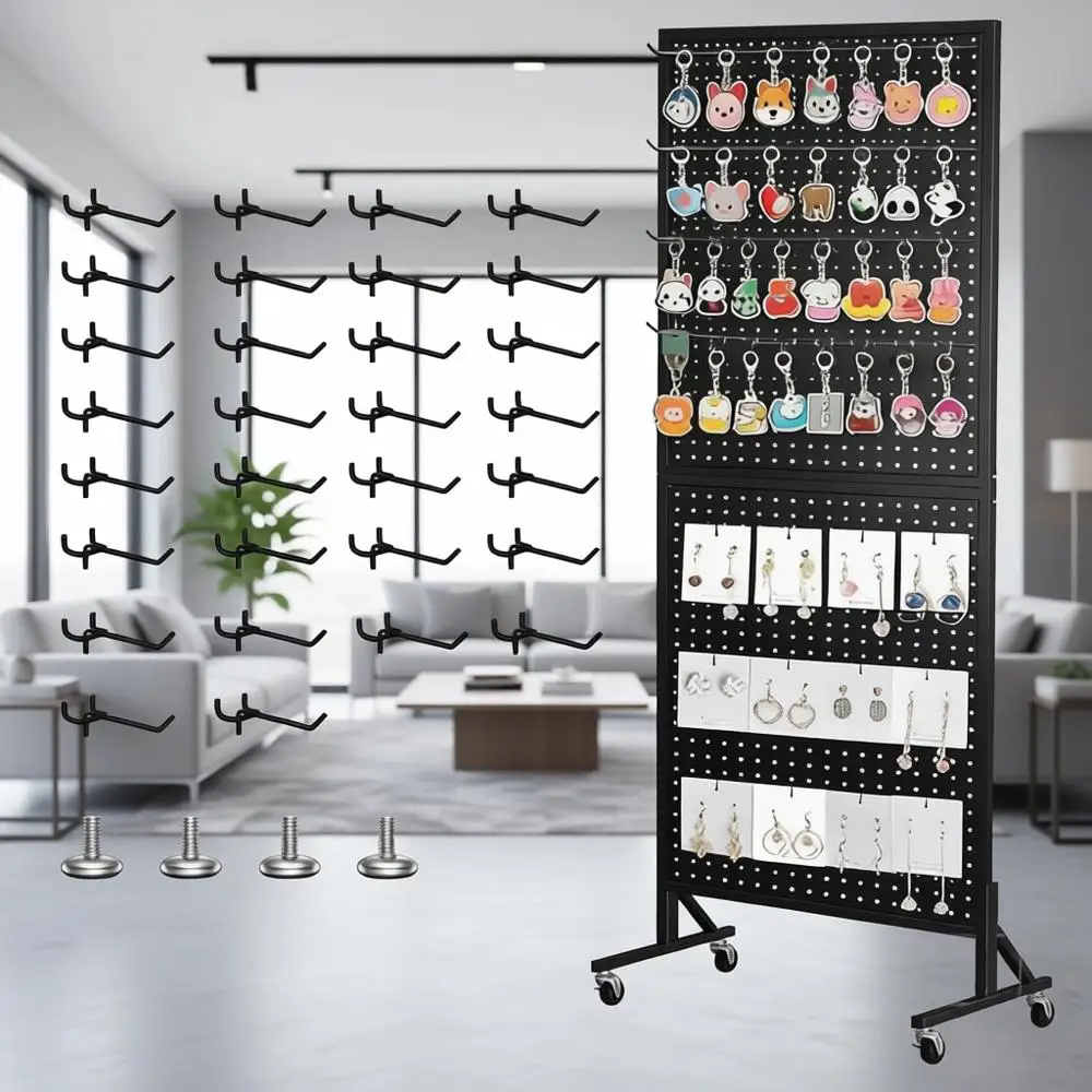 24 x 70 Metal Pegboard Display Stand with Wheels, 30 Hooks, T-Base for Retail & Store Organization