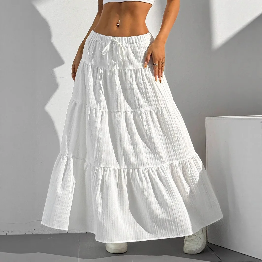 유행 여성의 느슨한 롱 스커트 흰색 단색 기본 레이스 업 보우 2025 케이크 스커트 캐주얼 스위트 오피스 여성 의류