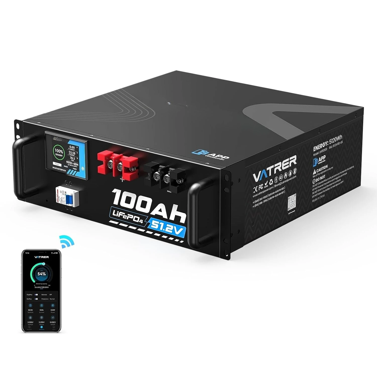 

48V 100Ah LiFePO4 Battery Built-in 100A BMS Smart Display APP 4800W Output 5000 Cycles Solar Off-Grid, Custom