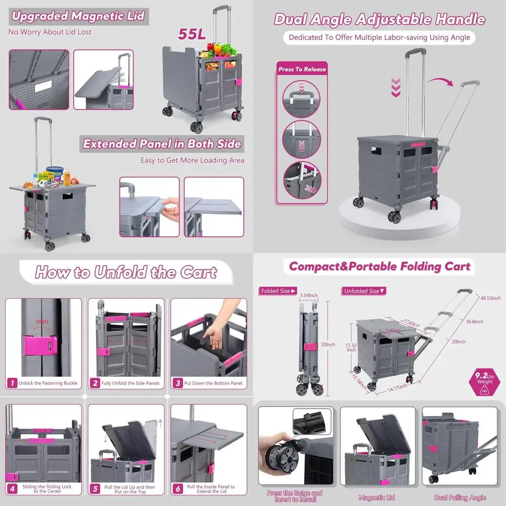 Carrinho utilitário dobrável portátil com rodas giratórias, alça ajustável e tampa magnética para armazenamento, compras e uso em escritório (Gra