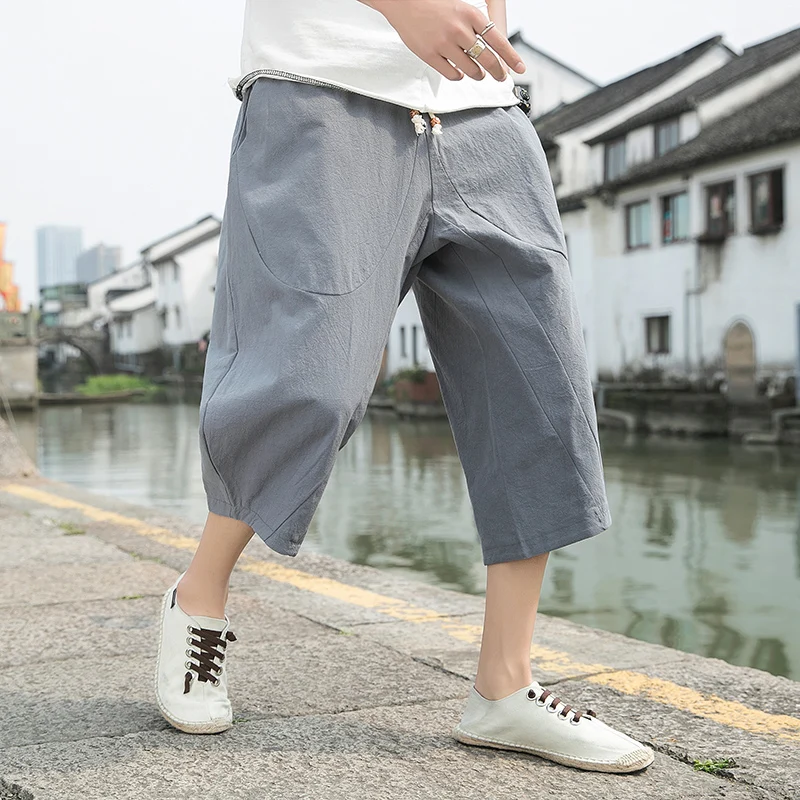 

Lightweight Cotton Linen Seven-Foot Pants Men Summer Beach orts plus Size Loose Wide Leg Lantern Pants Casual Youthwear