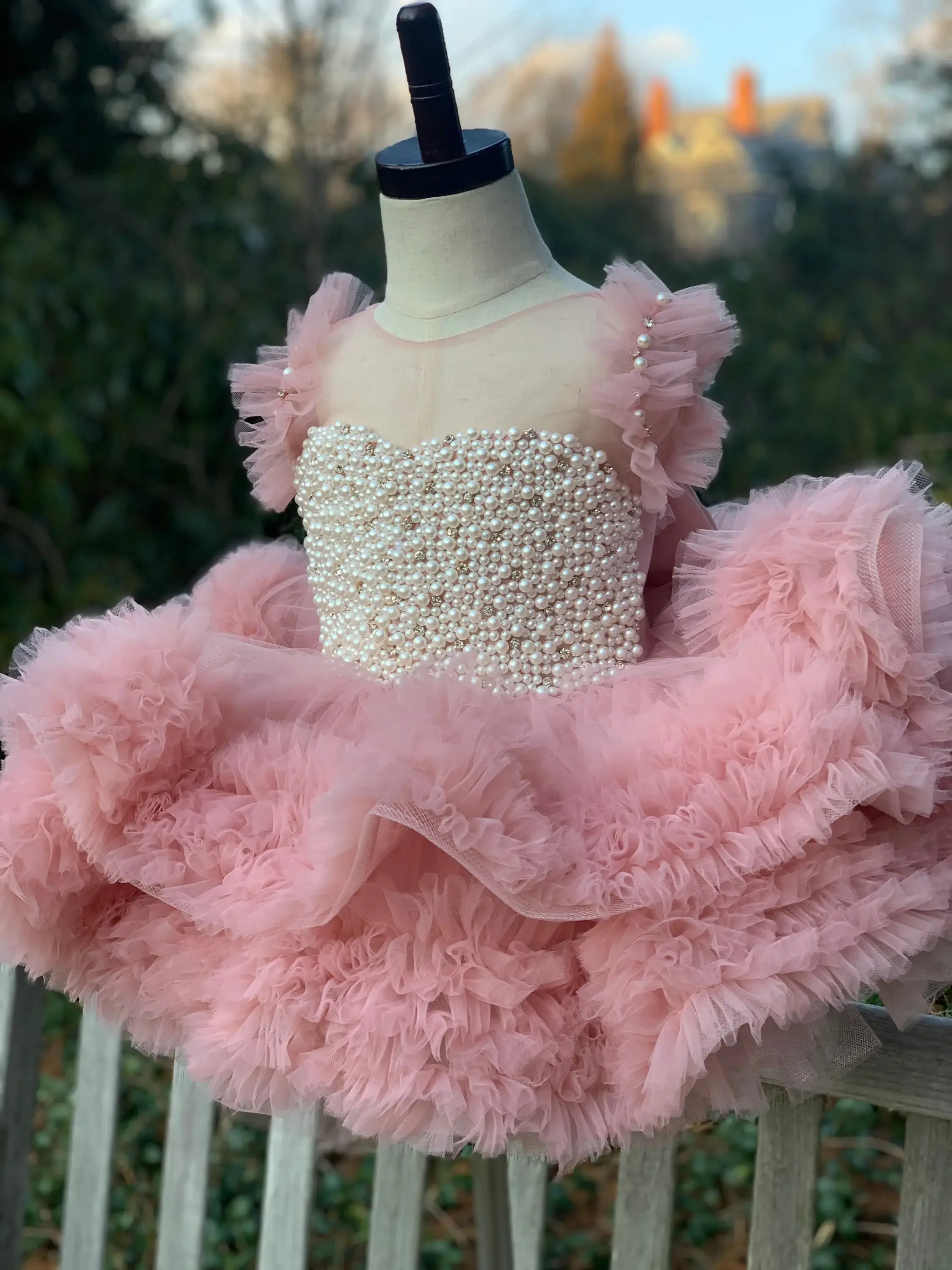 Customized Flower Girls Dress Elegant Pink Fluffy Layered Pearl Mauve for Girls Toddlers Kids Birthday Gift First Communion Gown