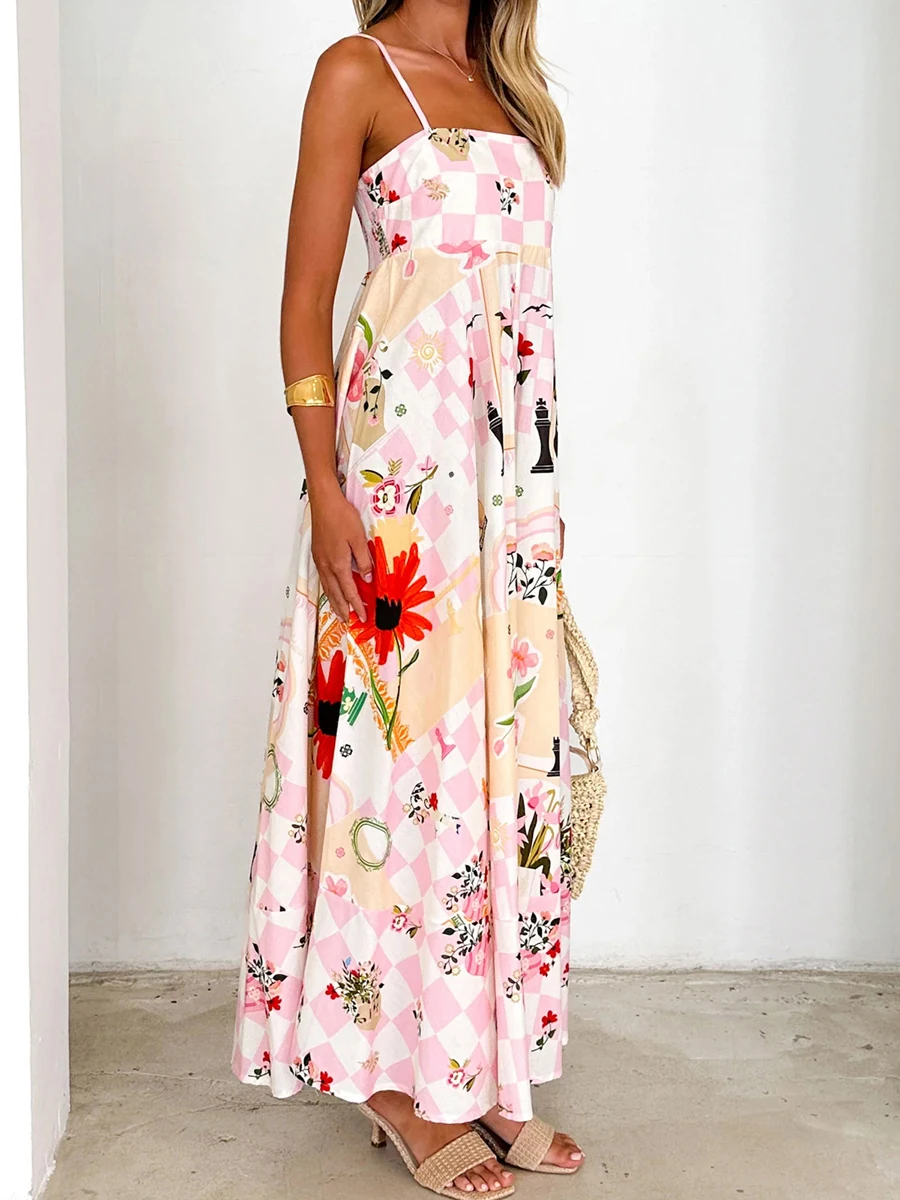 Women's Summer Long Cami Dress Sleeveless Open Back Floral Print Spaghetti Strap Dress