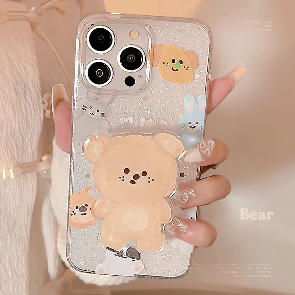 Luxury Cloth Doll Bear Rabbit Phone Case for iPhone 15 14 13 12 11 Pro Max Plus Transparent Glitter Spotted Bear Bracket Cover