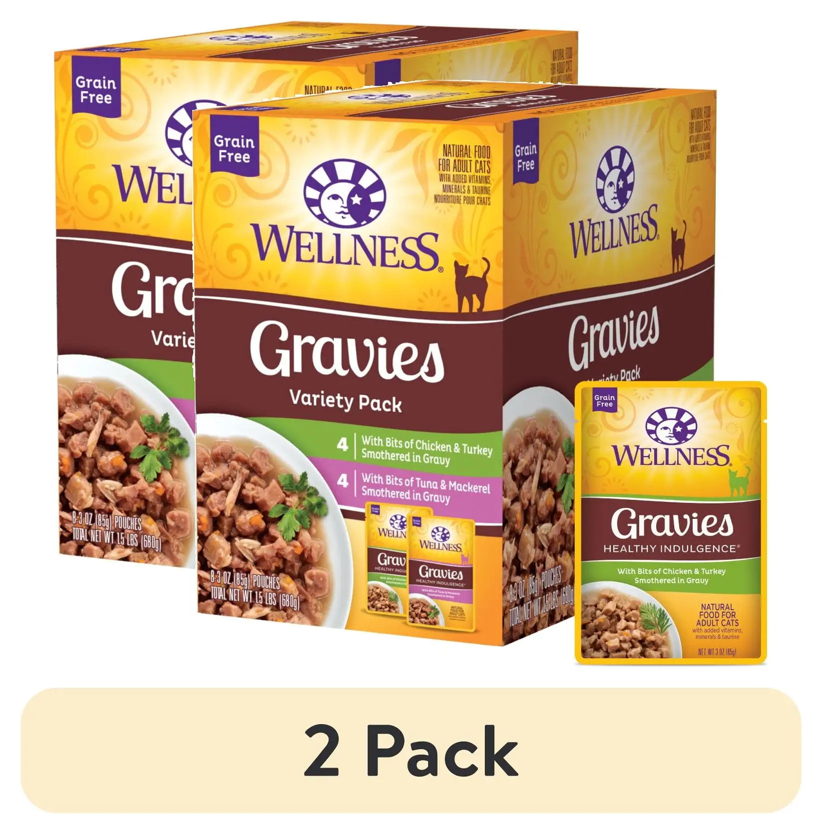 (2 pack) Healthy Indulgence Gravies Variety Pack Adult Wet Cat Food, Natural, Protein Rich, Grain Free, 2 Flavors, 3 oz, Pack of