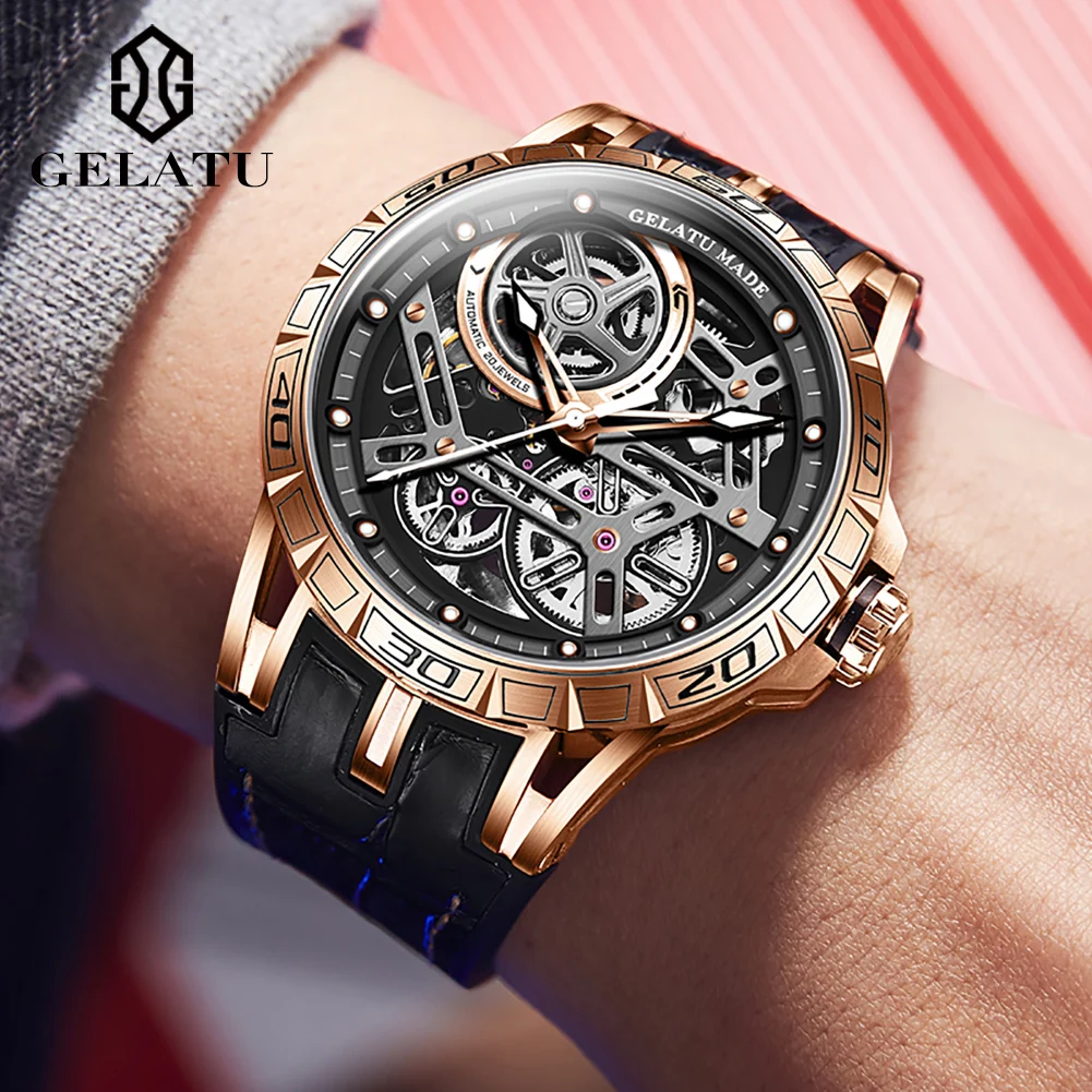 GELATU 6015 Top Brand Men Automatic Mechanical Watch Leather Silicone Strap Luxury Hollow out Luminous Sapphire Mirror Men Watch