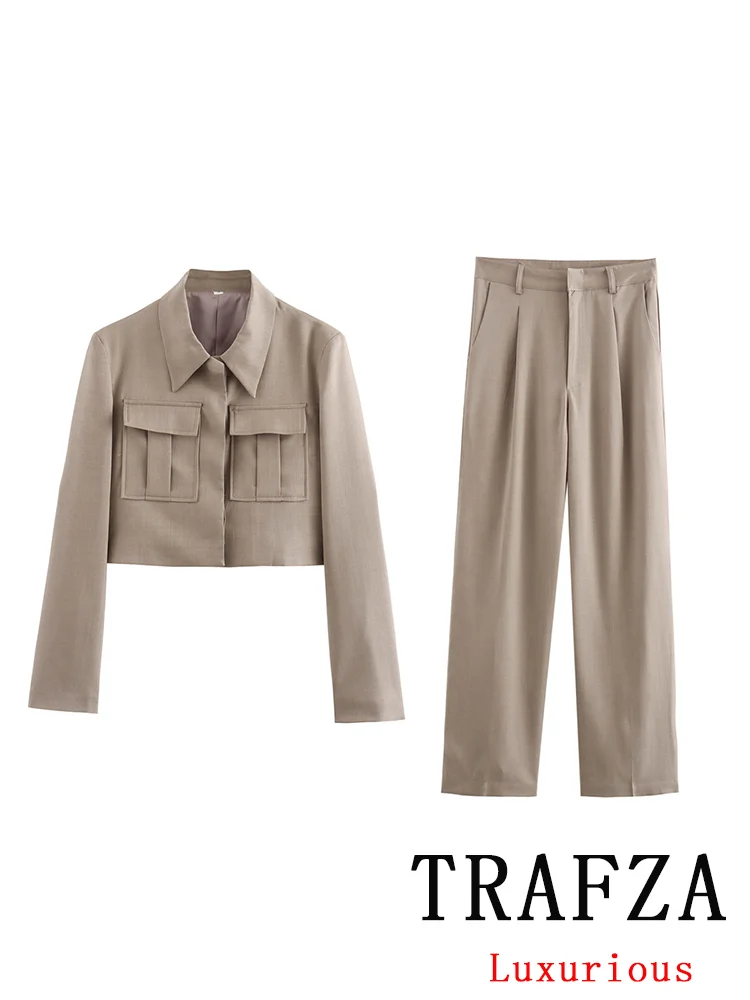 TRAFZA Vintage Casual Solid Chic Women Suit Long Sleeve Pockets Jackets Straight Loose Pants Fashion 2024 Summer Office Lady Sets