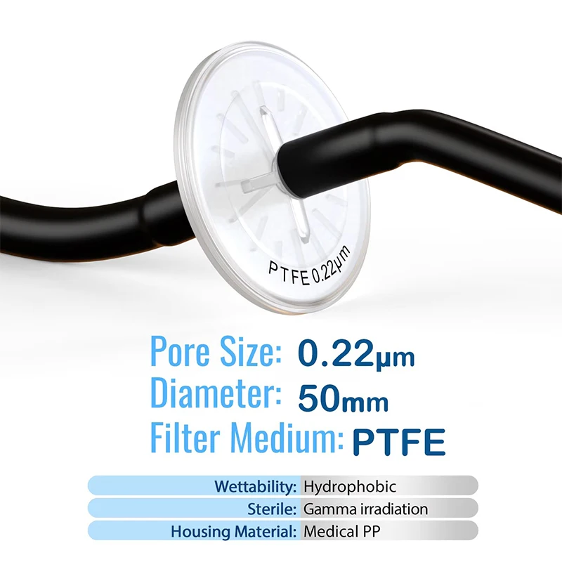 Sterile PTFE Hydrophobic Filter Disc 50mm 0.22um Air Venting with 9mm-13mm Stepped Hose and Barb Female Luer for Air Filter