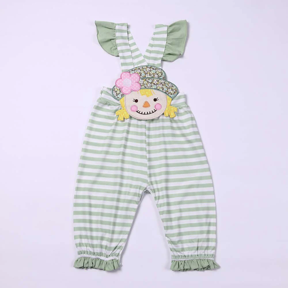 

2023 Fall Strip Style Baby Girl Bubble Children Scarecrow Applique Sleepwear Green Cotton Boutique Ropmer Kids For 0-3m