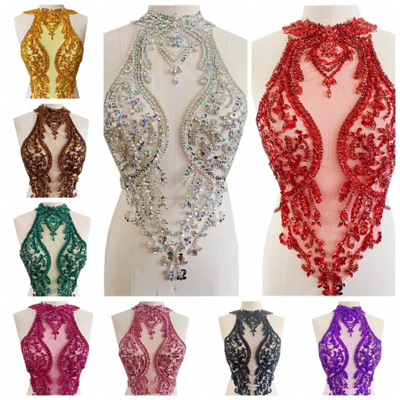 1PC  Luxury Beading Crystal Profiling On Tulle Evening Dress Hollow Out Floral Fabrics High Neck Cocktail Dress Material