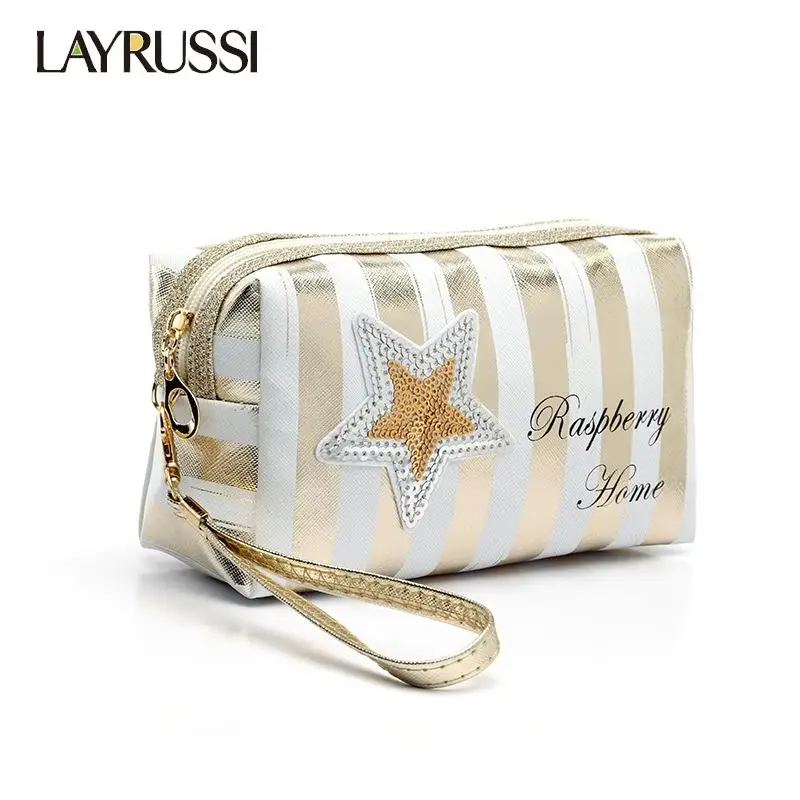 LAYRUSSI Star Stripe Cosmetic Bag Leather Makeup Bag Waterproof Letter Zipper Makeup Case Women Travel Toiletry Storage Pouch