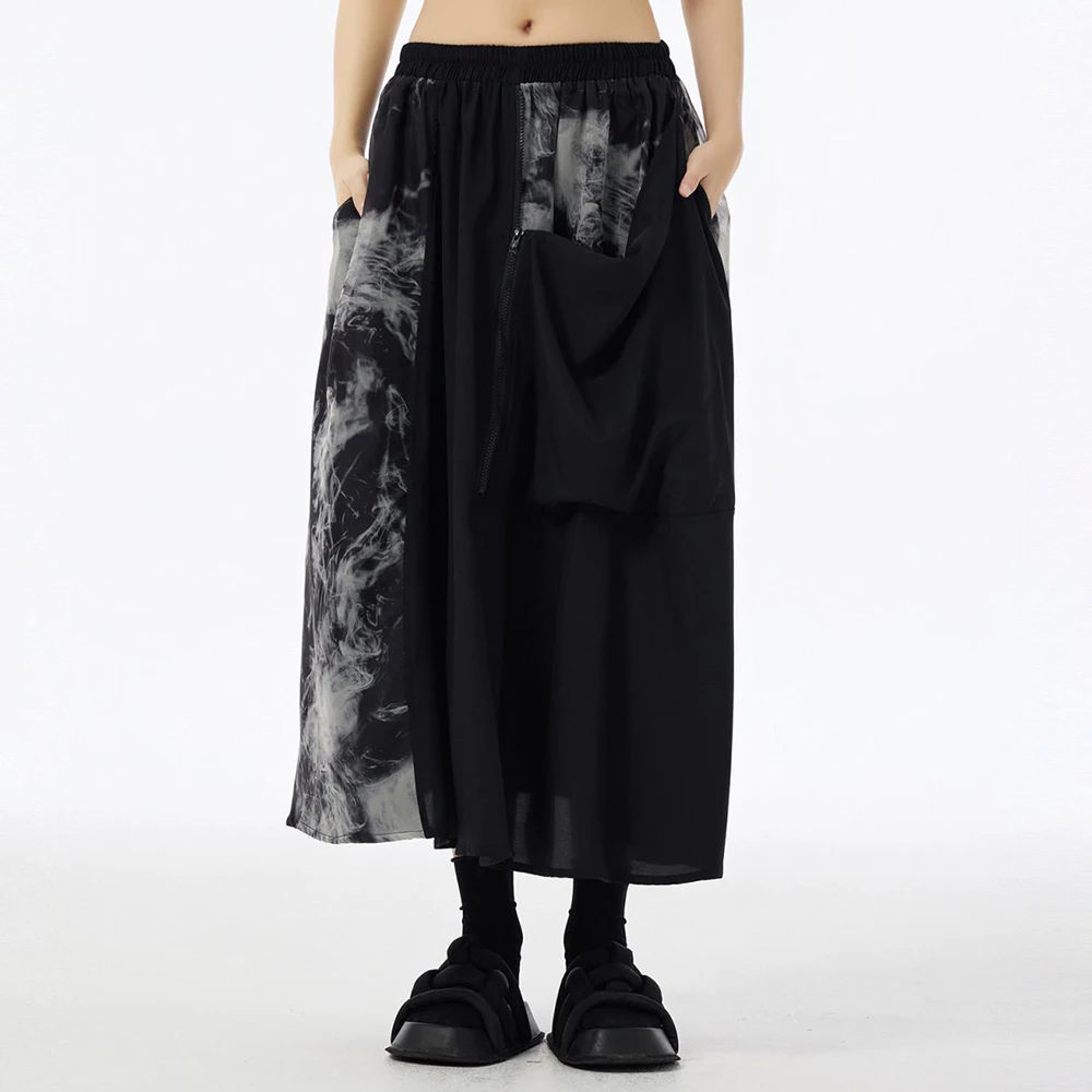 Retro Chinese Style Tie-Dye Splicing Mesh Waist Skirt 2024 Autumn New Fashionable Slim Temperament Versatile A-Line Skirt Unisex