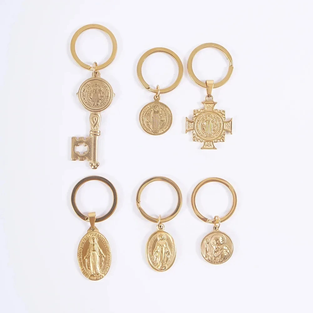 Virgin Mary San Benito Cross Keychain Gold/Silver Color Stainless Steel Metal St Benedict Virgen Maria Keyring acero inoxidable