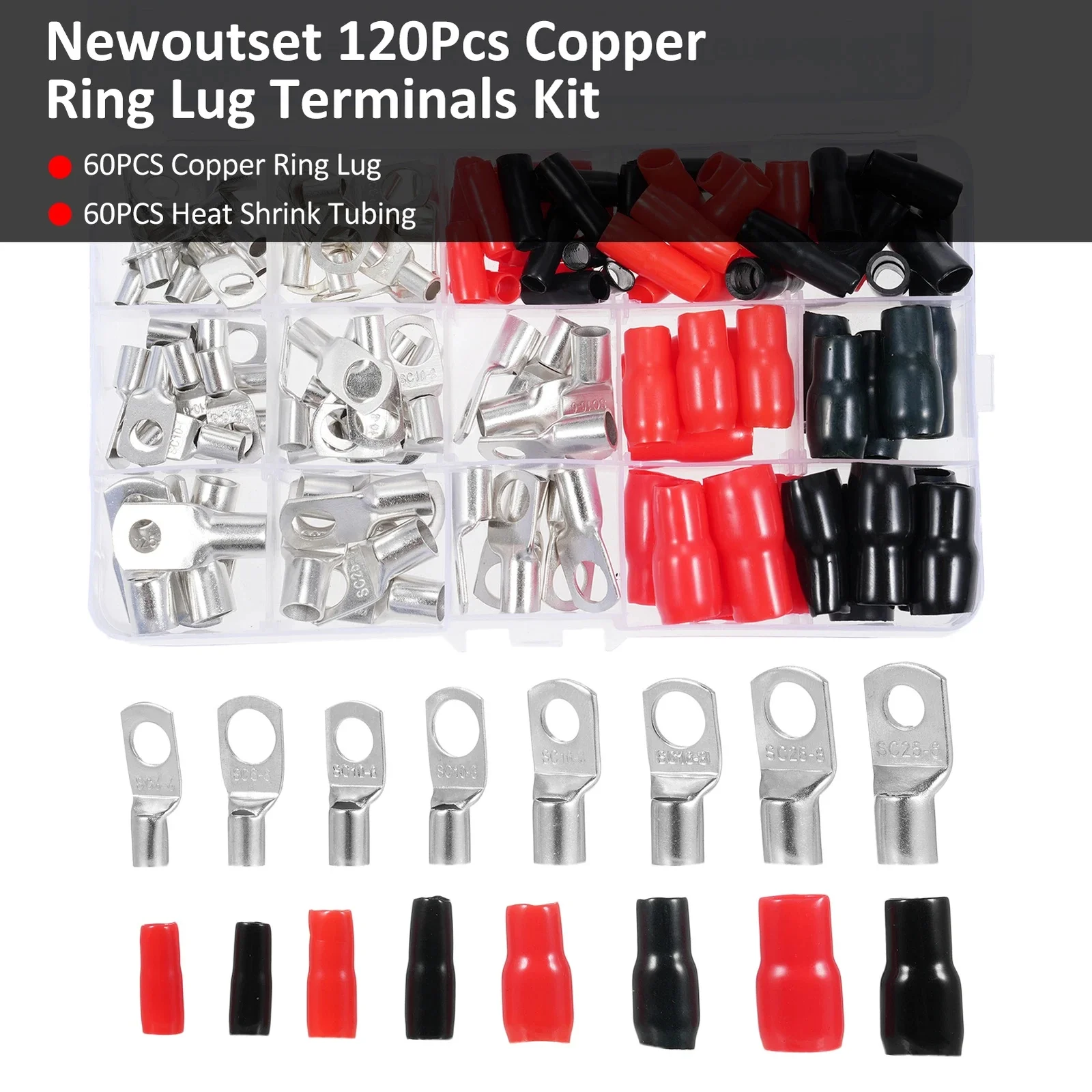 

60PCS SC Tinned Copper Lug Terminals Kit, Wire Connectors, Terminal Connectors w/60PCS soft sheath