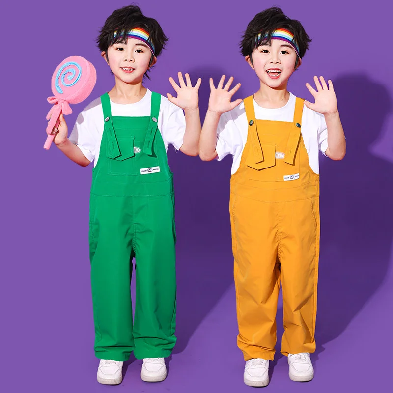 New Hip Hop Loose Colorful Overalls Girls White T Shirt Candy Color Pants Street Dance Clothes Sets Group Streetwear Costumes