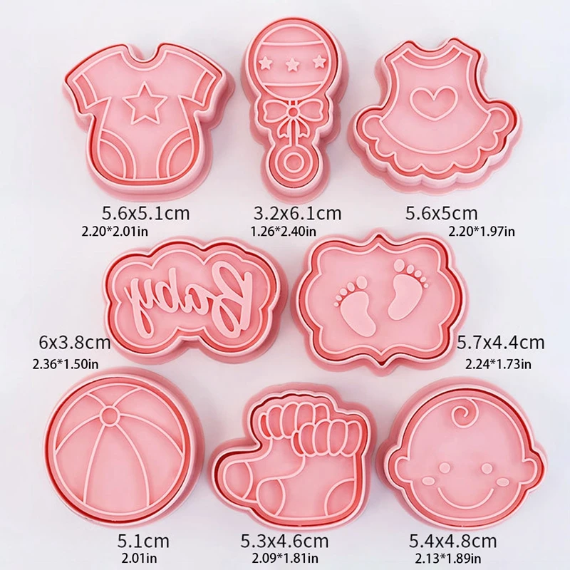 8Pcs/Set DIY Baby Theme Cartoon Cookie Embosser Cutters 3D Baby Shower Rattles Ball Clothes Feet Skirt Socks Biscuit Mould Tools