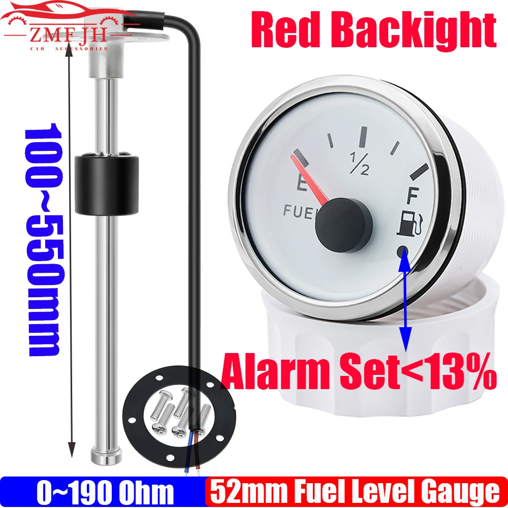 Custom 100~600mm Fuel Level Sensor 0-190ohm 52mm Fuel Level Gauge with Flashing Alarm Red LED Car Oil Meter Boat Yacht 12V24V