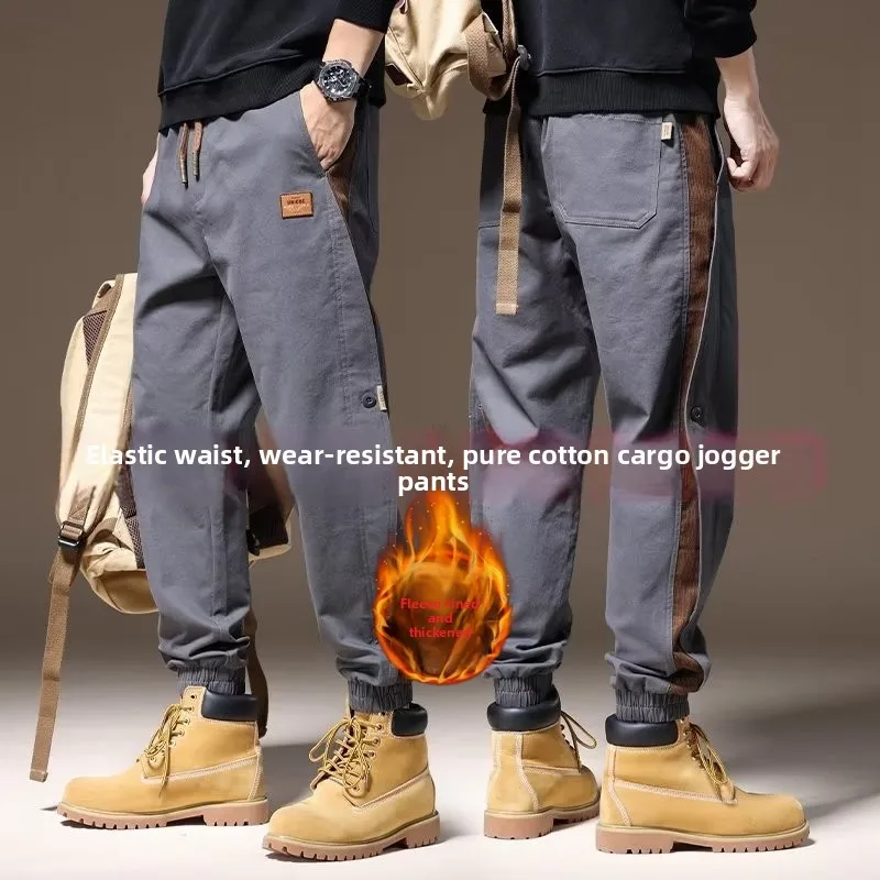 

Men's Pure Cotton Work Trousers Autumn Winter Fce Lined Casual Loose Large Size Harajuku Sle Sports Harlan Pants