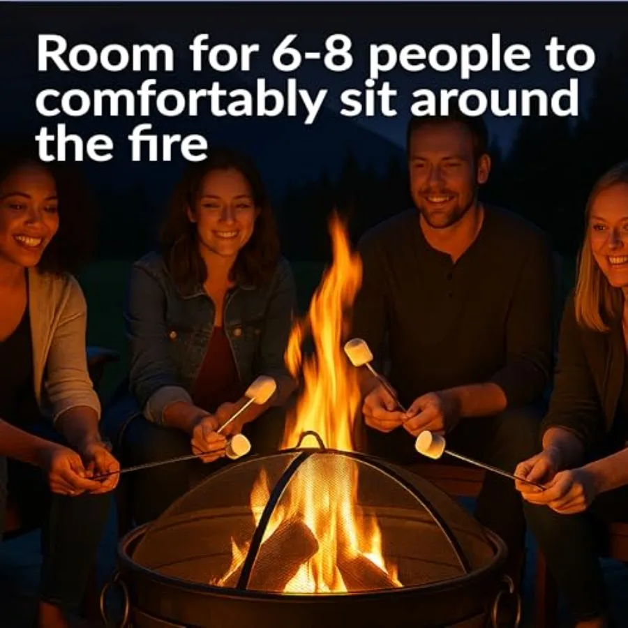 Large fire pit for outdoor use, heavy duty steel construction in dark bronze finish, wood burning, 34-inch diameter