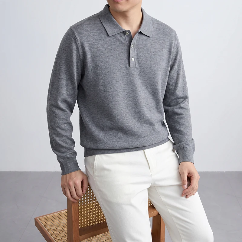 Cashmere + Wool Basic Knitwear Men Spring Autumn Polo Collar Thin Sweater Long Sleeve Jumper Pullover Sheep Wool Soft Knit Shirt