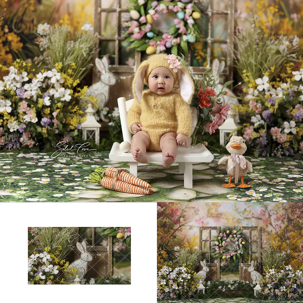 Easter Spring Meadows Backdrops Kids Baby Birthday Cake Smash Photocall Bunny Eggs Wooden Door Garden Backgrounds