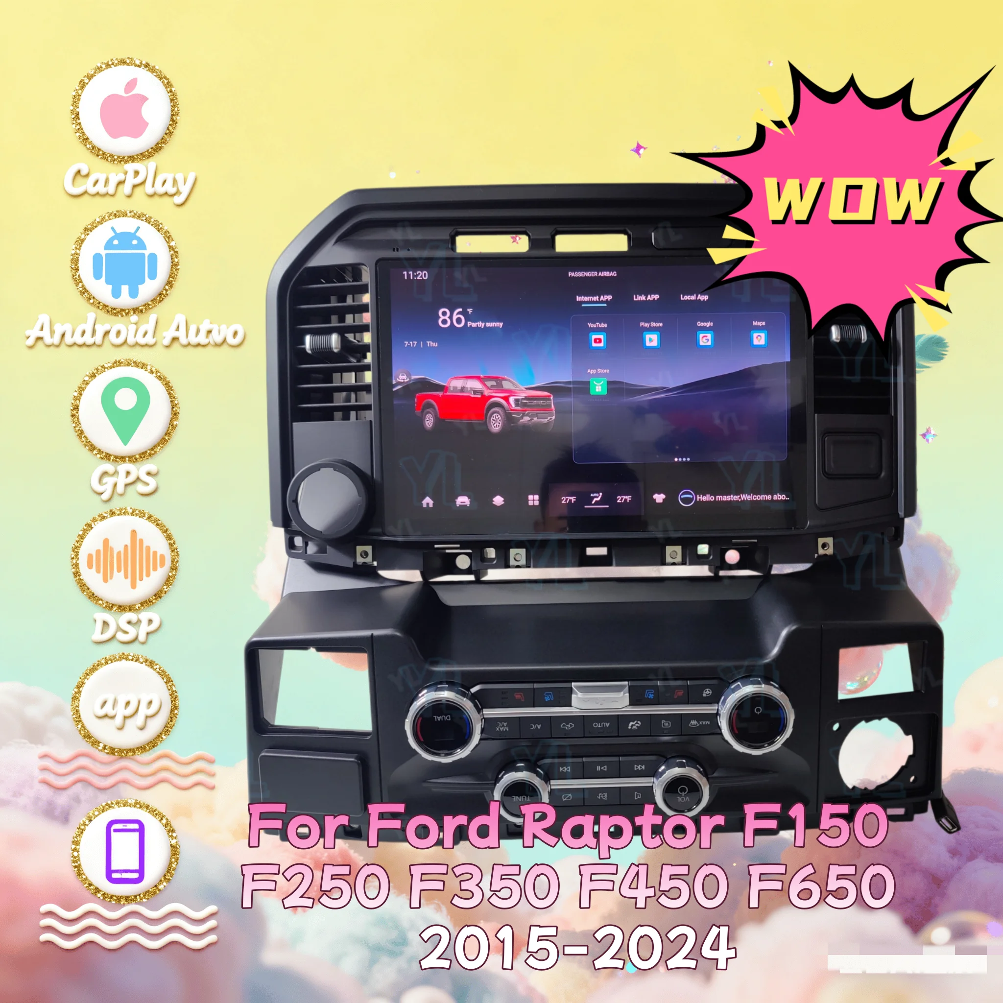 

Автомагнитола Android с сенсорным экраном 13,3 дюйма для Ford Raptor F150 F250 F350 F450 F650 2015-2024, GPS, Carplay, медиаплеер, Bluetooth (модель 2025 года)