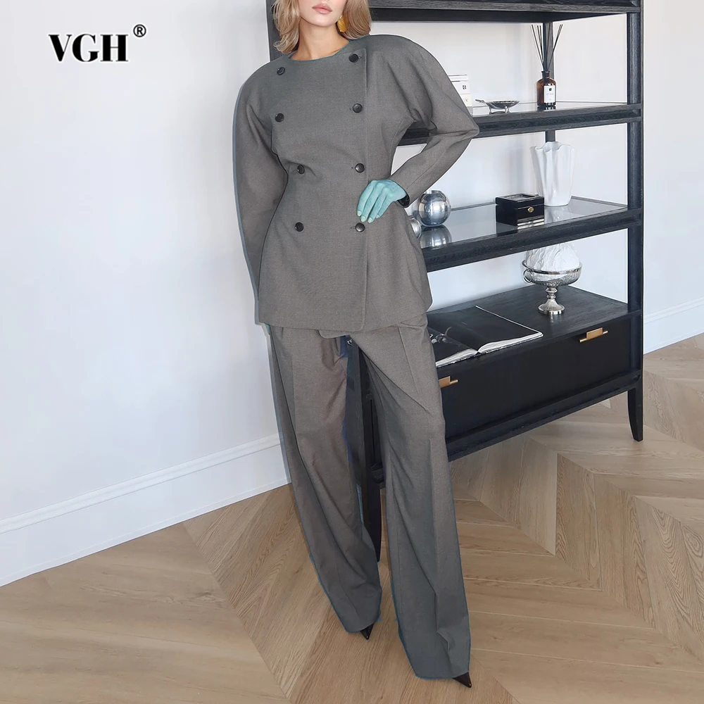 

VGH Solid Double Breasted Elegant Party Two Piece Sets For Women Round Neck Long Sleeve Top High Waist Pants Chic Set Female New