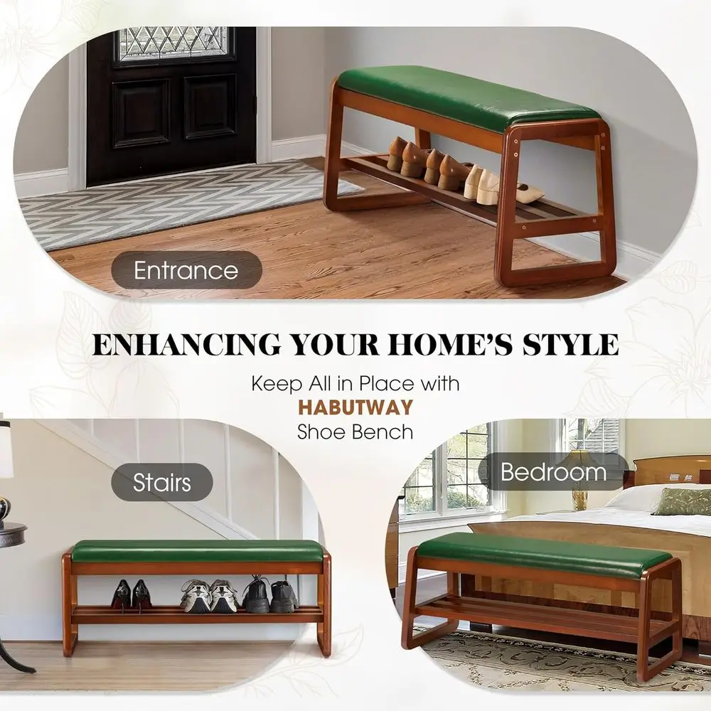 Green Entryway Shoe Rack with Cushion, 2-Tier Organizer for Hallway and Living Room (39.37 Long)