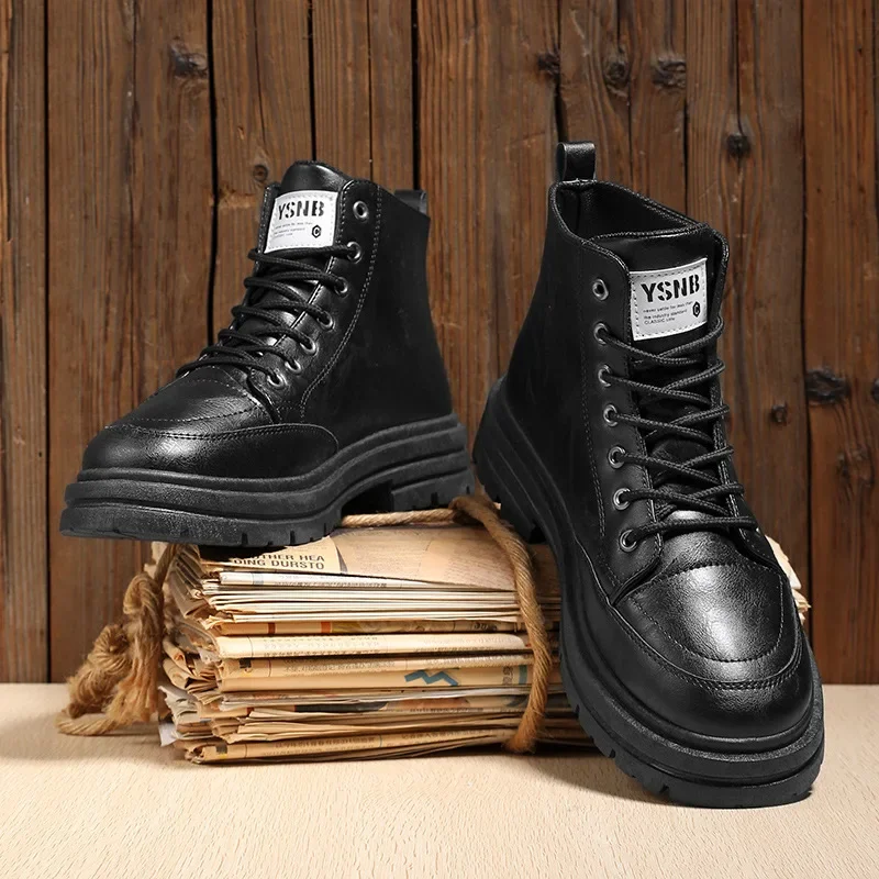 Men Boots Autumn Leather Waterproof Mid-top Sports Shoes New Fashion Ankle Boots Casual Outdoor Hiking Boots Shoes Male Sneakers