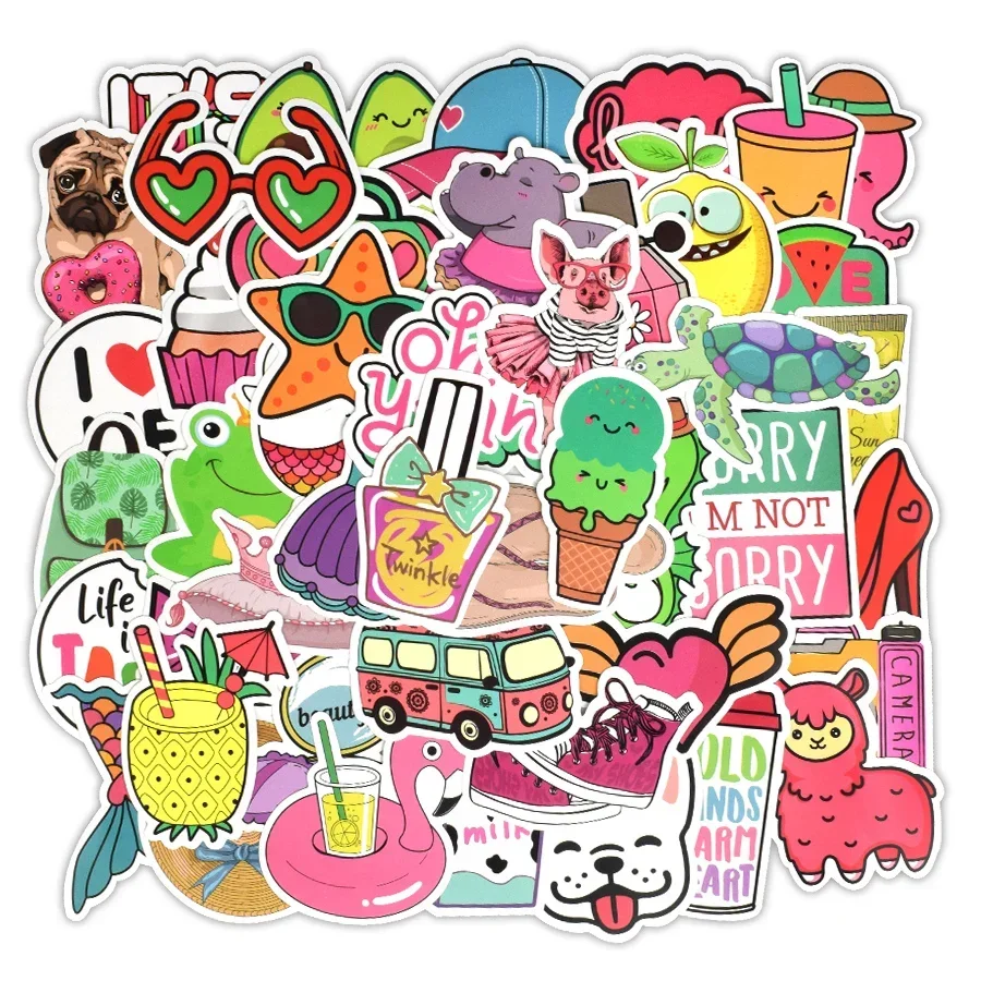50 PCS 핑크 소녀 귀여운 스티커 유행 Kawaii 여름 해변 스티커 가방 모토 자동차 노트북 기타 자전거 선물 어린이를위한 장난감