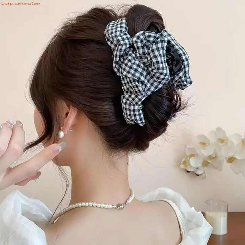 Hair Claw Clip With Ruffled Fabric Cover, Black and White Check Gingham Hair Accessory for Women, Girl Half-Up Styles