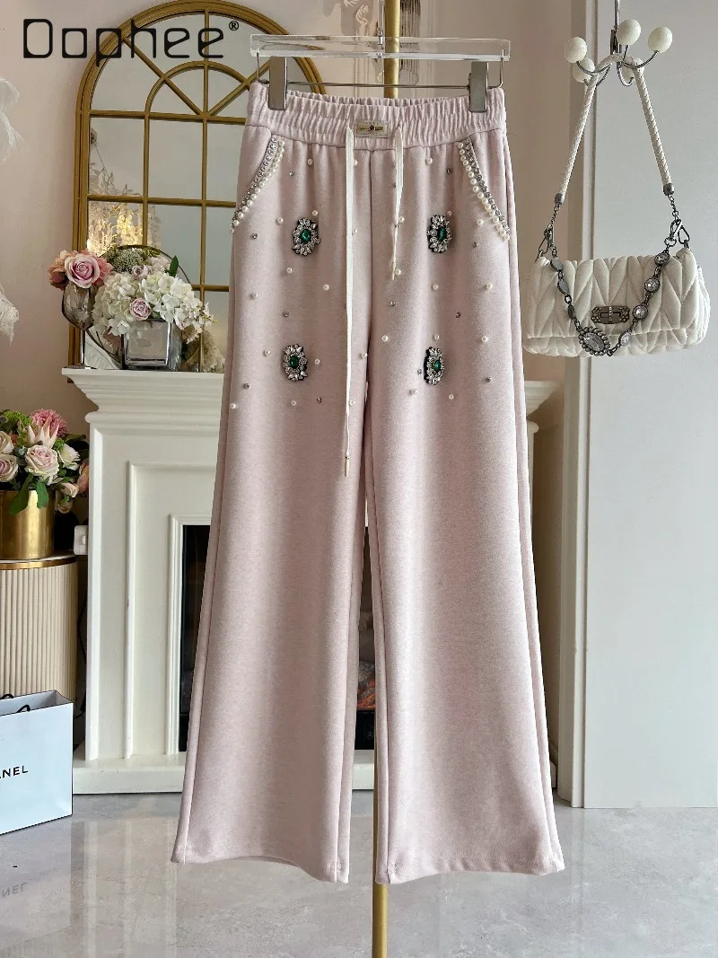

Elastic Waist Loose Straight Casual Pants Women Fashion Autumn Winter Heavy Beading Rhinestone High Waist Slim Sports Trousers