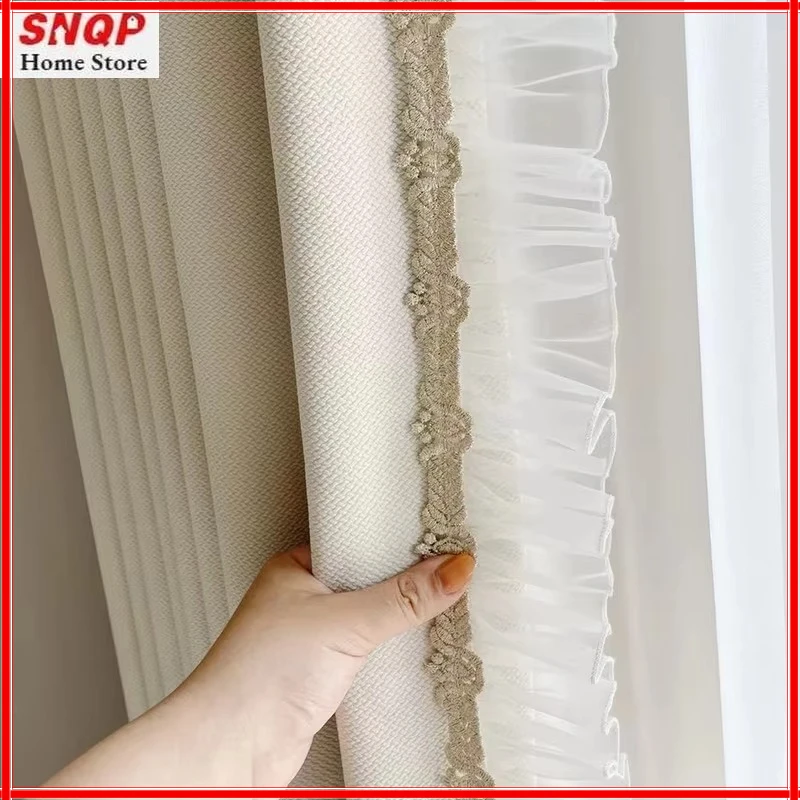 French Romantic Cream Cotton Linen Lace Luxury Curtains for Living Room Bedroom Dining Window White Tulle Elegant Custom Size