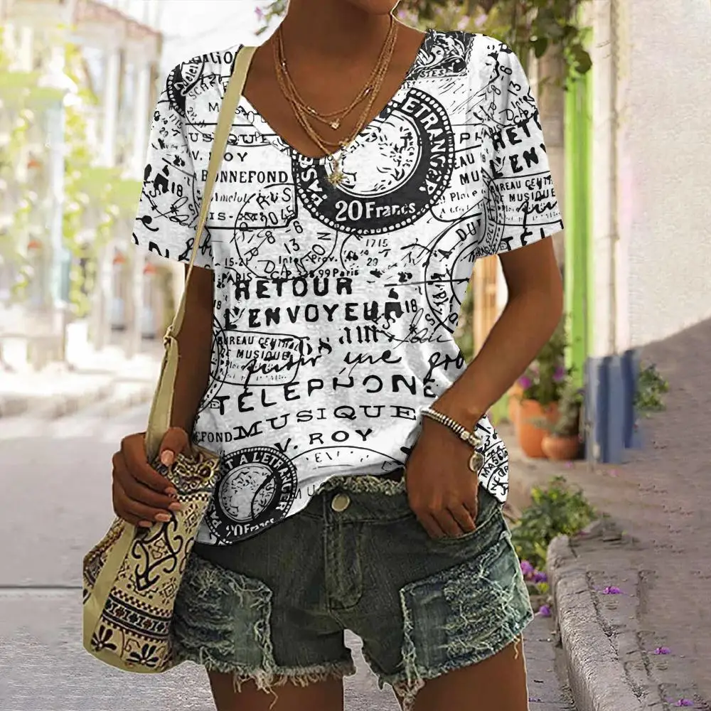Vintage Newspaper Letter 3D Print T-Shirts Women Street V-Neck Short Sleeve T Shirt Y2k Harajuku Tees Casual Top Female Clothing