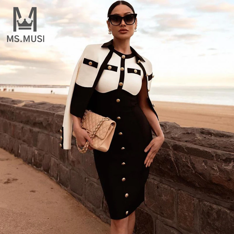 

MSMUSI 2023 New Fashion Designer Women Sexy Tank Neck Patchwork Button Sleeveless Bandage Party Club Bodycon Event Midi Dress