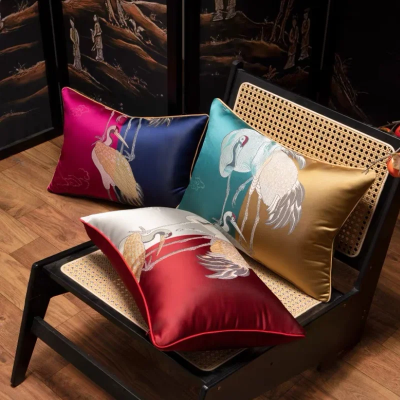 Oriental Crane Embroidery Pillow Cover Set | Luxury Satin Cushion Cases with Gold Piping | Chinese Retro Art Sofa Bedroom Decor