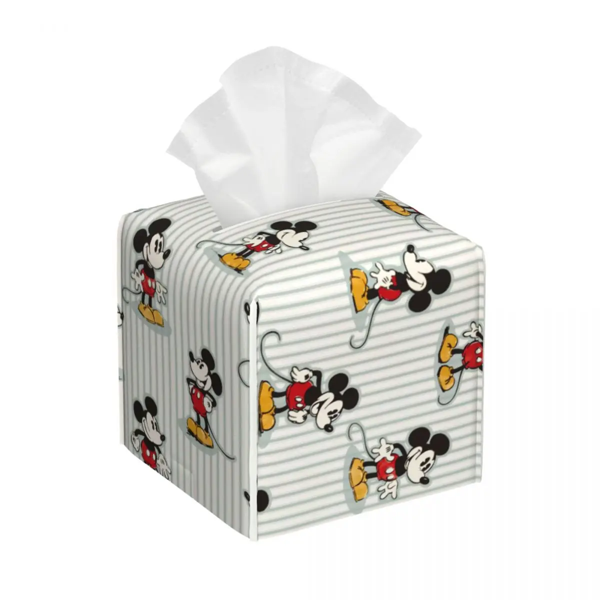 Caja de pañuelos a rayas de Mickey Mouse personalizada, soporte cuadrado de dibujos animados de cuero PU, cubierta de caja de pañuelos faciales para coche y baño