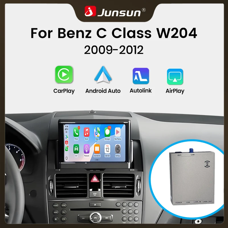 Junsun Kabelloser CarPlay Android Auto Decoder für Mercedes Benz C-Klasse W204 2009-2012 NTG 4.0 Bluetooth Airplay Autolink Mirror Link Beibehaltung der Originaltasten & Rückfahrkamera Plug & Play